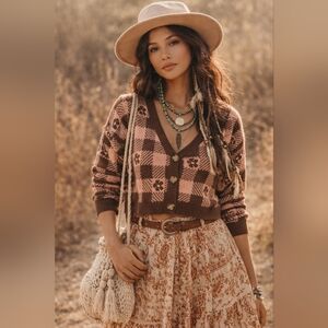 Brown and Pink Flowered Bohemian Checkered Cardigan XL